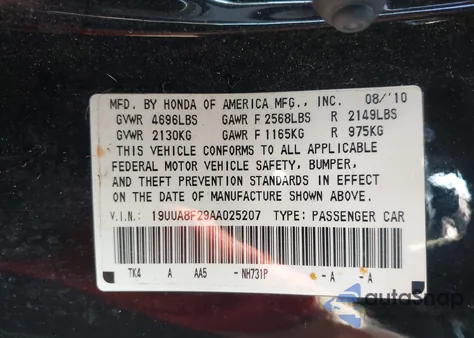 2010 Acura Tl 3.5 z USA, uszkodzony, nr VIN 19UUA8F29AA025207
